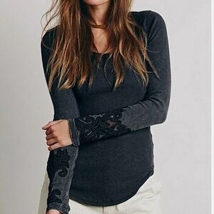 Free People Masquerade Cuff Thermal Top Lace Crochet Cuff Washed Black